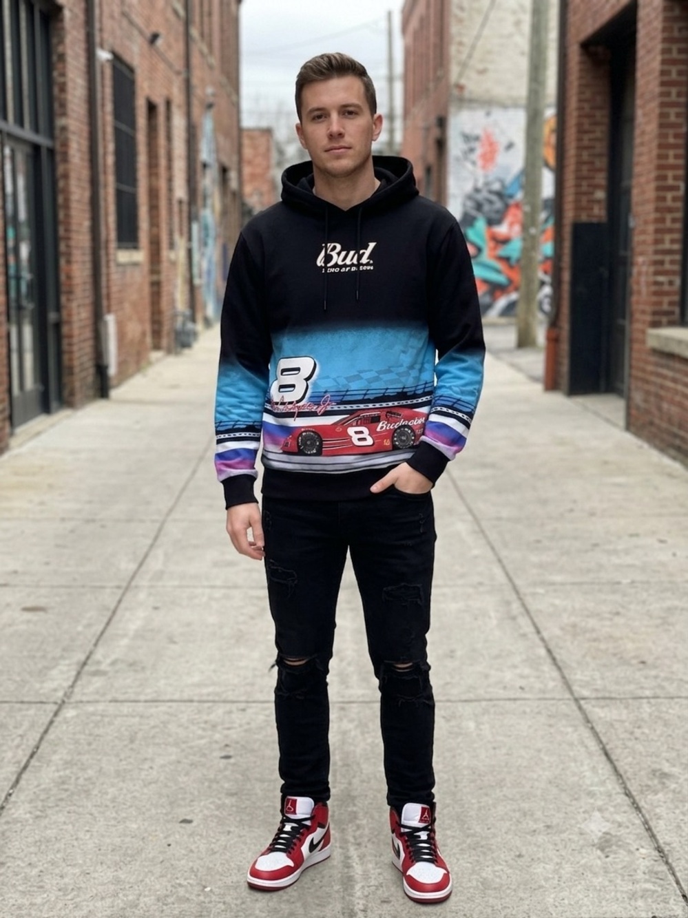 NASCAR Budweiser Black, Blue & Red Racing Hoodie - Men's Graphic Pullover.